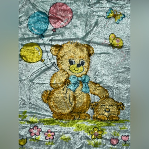 VTG Minky Baby Blanket Teddy Bear Balloons Puppy Dog Butterflies Plush Blue - Picture 2 of 8
